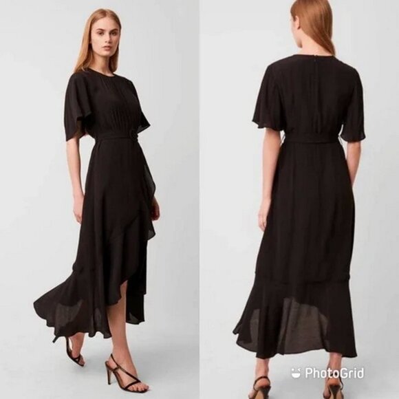 French Connection Black Emina Hi Low Midi Ruffle Dress Less Belt - Picture 1 of 2